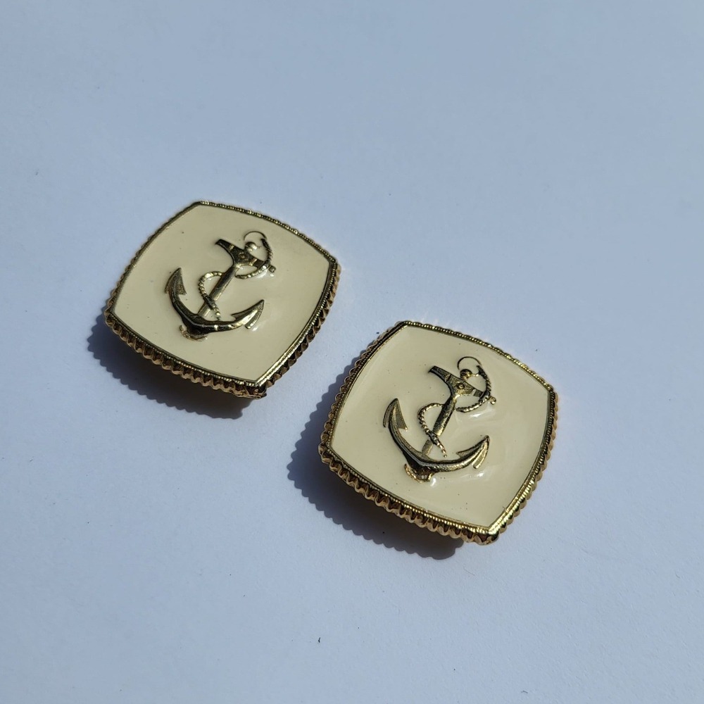Vintage Clip On Earrings Cream Gold Nautical Anchor Square Studs Chunky